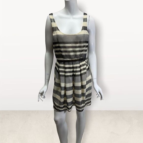 BCBG Striped Black & Gray Sleeveless Belted Dress - Picture 1 of 5